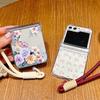 Wrist Strap Lanyard Phone Case For Samsung Galaxy Z Flip7 Flip6 Flip5 Flip 7 FE 6 5 4 3 5G Pink White Flower Pattern Clear Cover