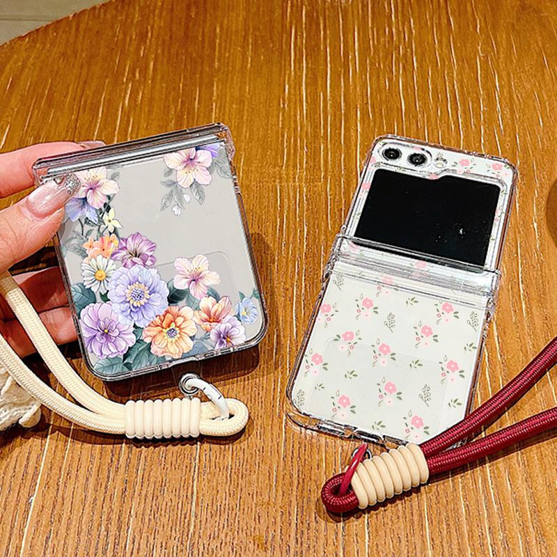 Wrist Strap Lanyard Phone Case For Samsung Galaxy Z Flip7 Flip6 Flip5 Flip 7 FE 6 5 4 3 5G Pink White Flower Pattern Clear Cover