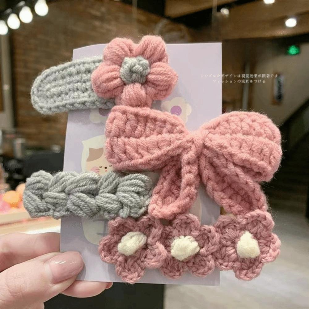 

4Pcs Cute Flower Border Bow Bang Clips Knit Hairpin Fashion BB Hair Clips Girls рожевий