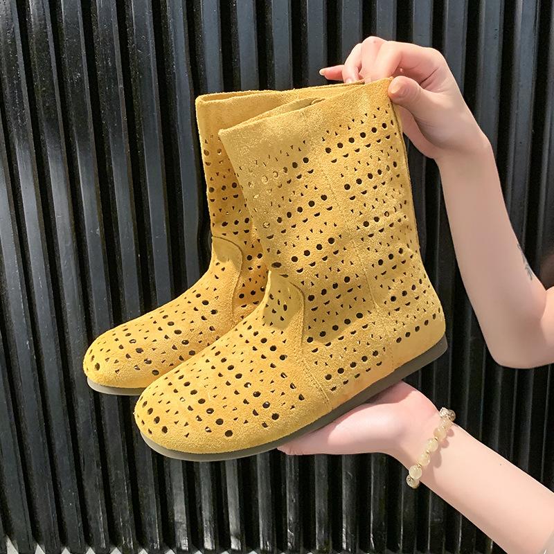 2025 spring and summer new sandals leather hole middle boots medium heel thick heel large size women's boots hollow cool boots