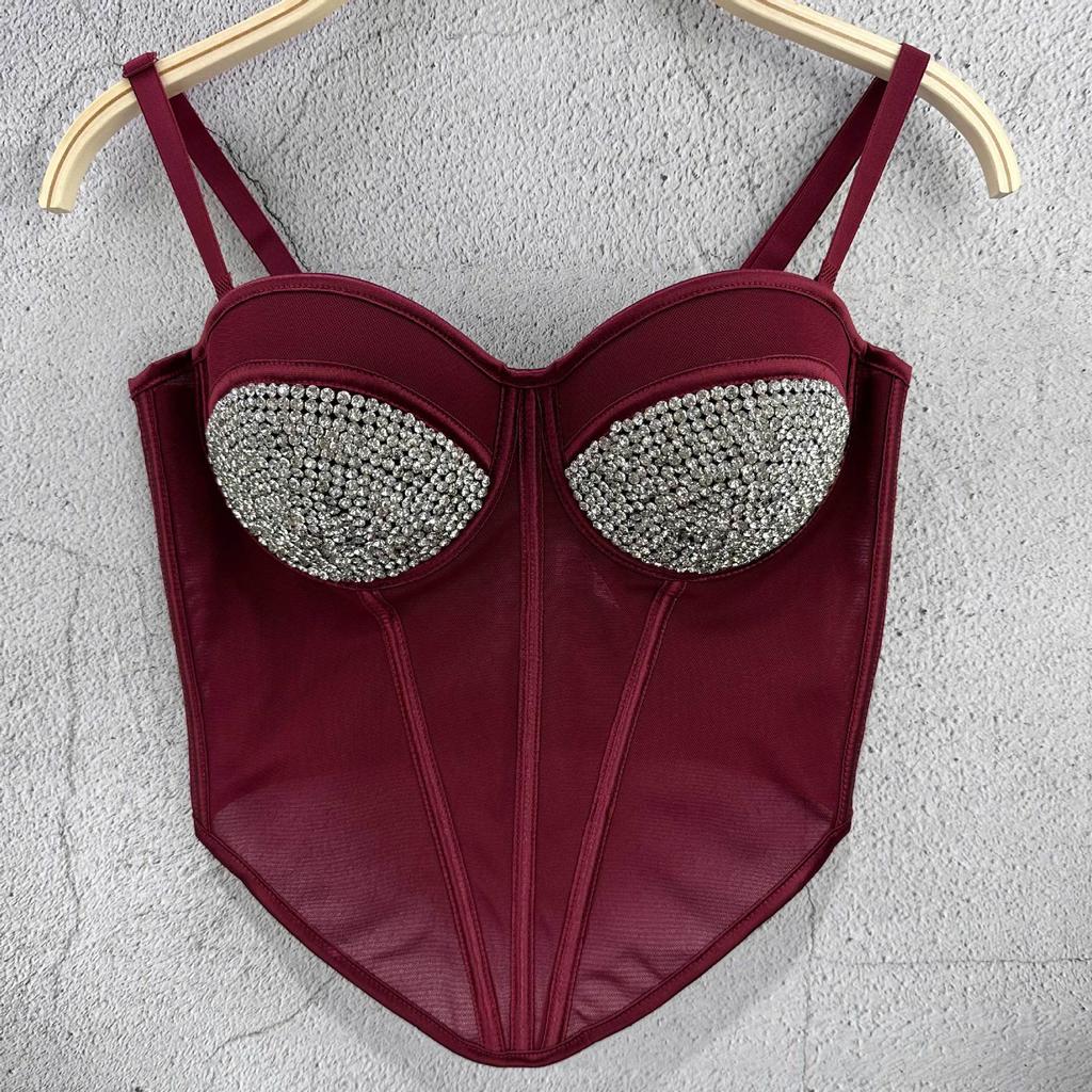 Heavy-duty Crystal Bead Mesh Tank Top Women's Inner Layer Design-oriented Short-sleeve Sexy Fishbone Outerwear Strapless Top Camis & Tank Tops