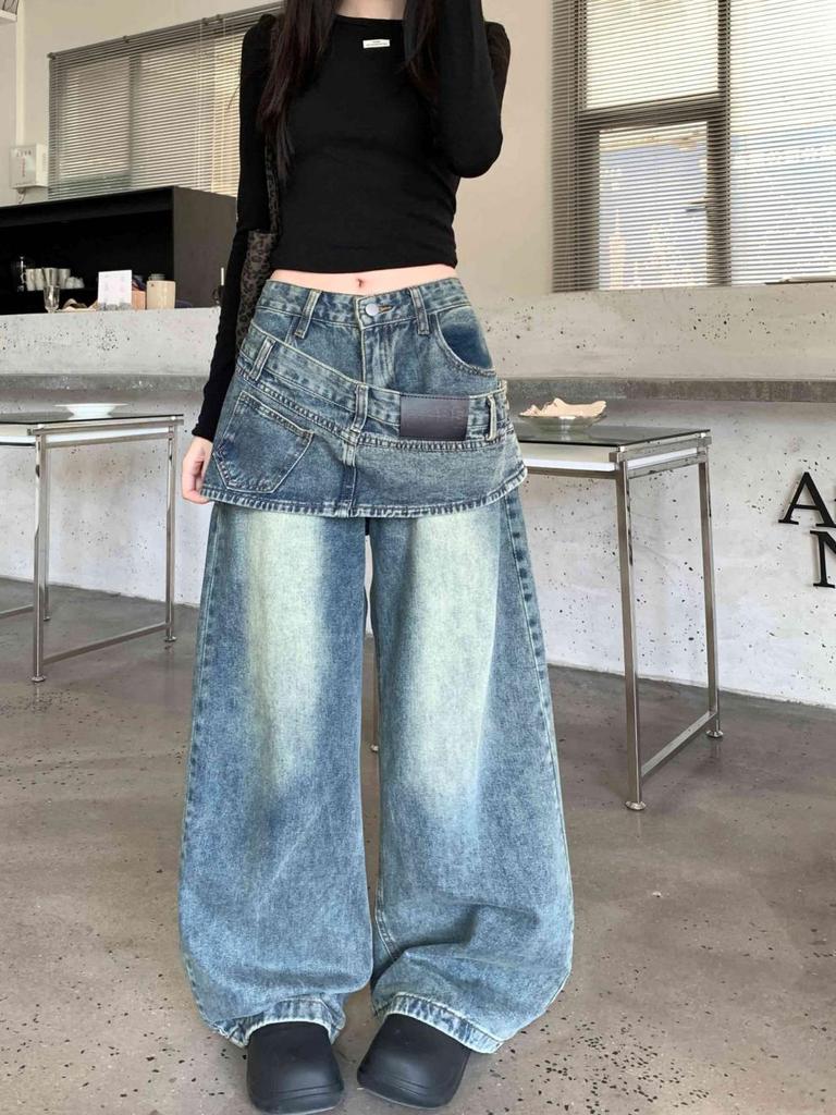 Women's Retro Two-Piece Look Hem Jeans: Loose, Straight-Leg Wide Pants