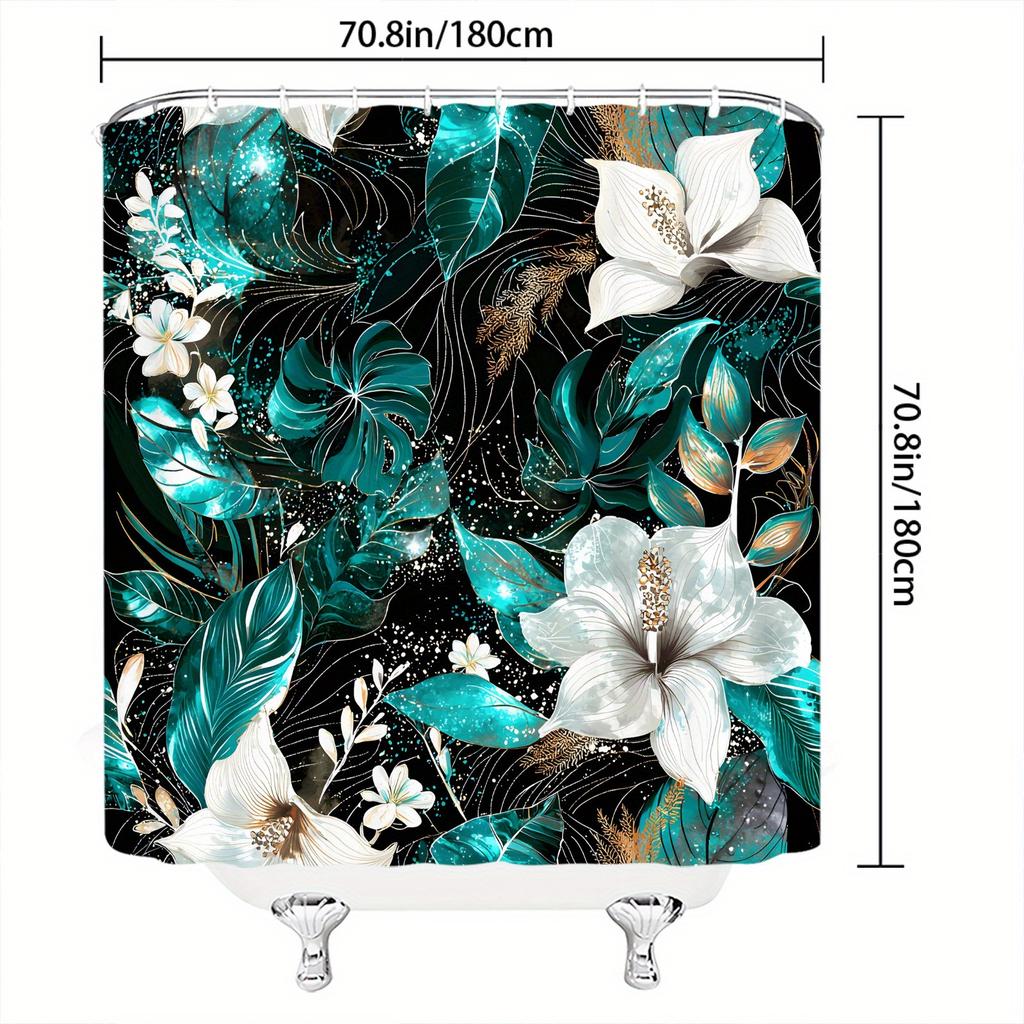 ropical Floral Shower Curtain - White Hibiscus & Green Leaves on Black, Golden Accents, Modern Botanical Design