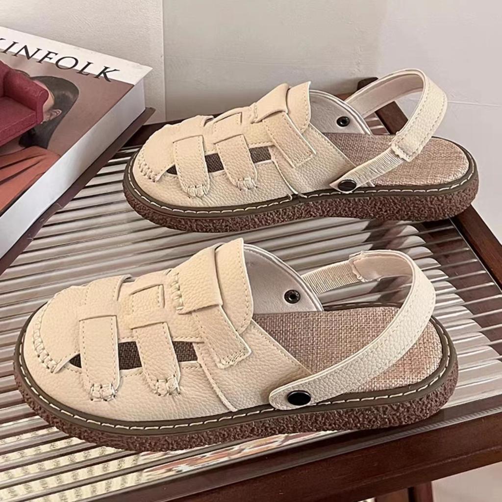 White big head ugly cute Boken half slippers 2025 summer new baotou hollowed Mori versatile Roman sandals women