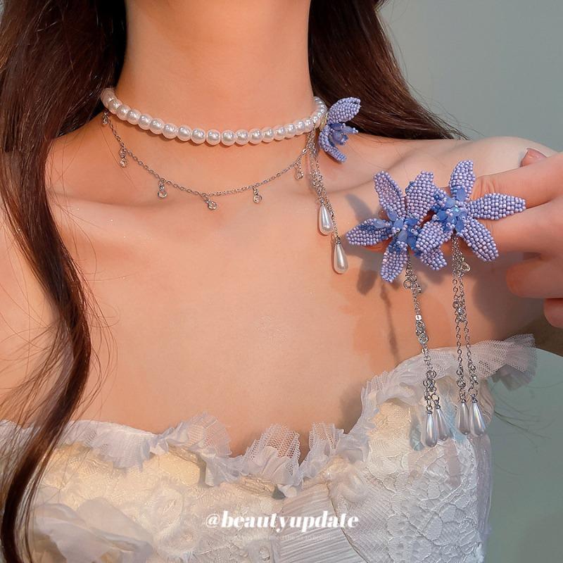 Flower Pearl Beaded Earrings Necklace Fashion Elegant Gentle Sweet Jewelry Set Light Luxury High-end Jewelry Women