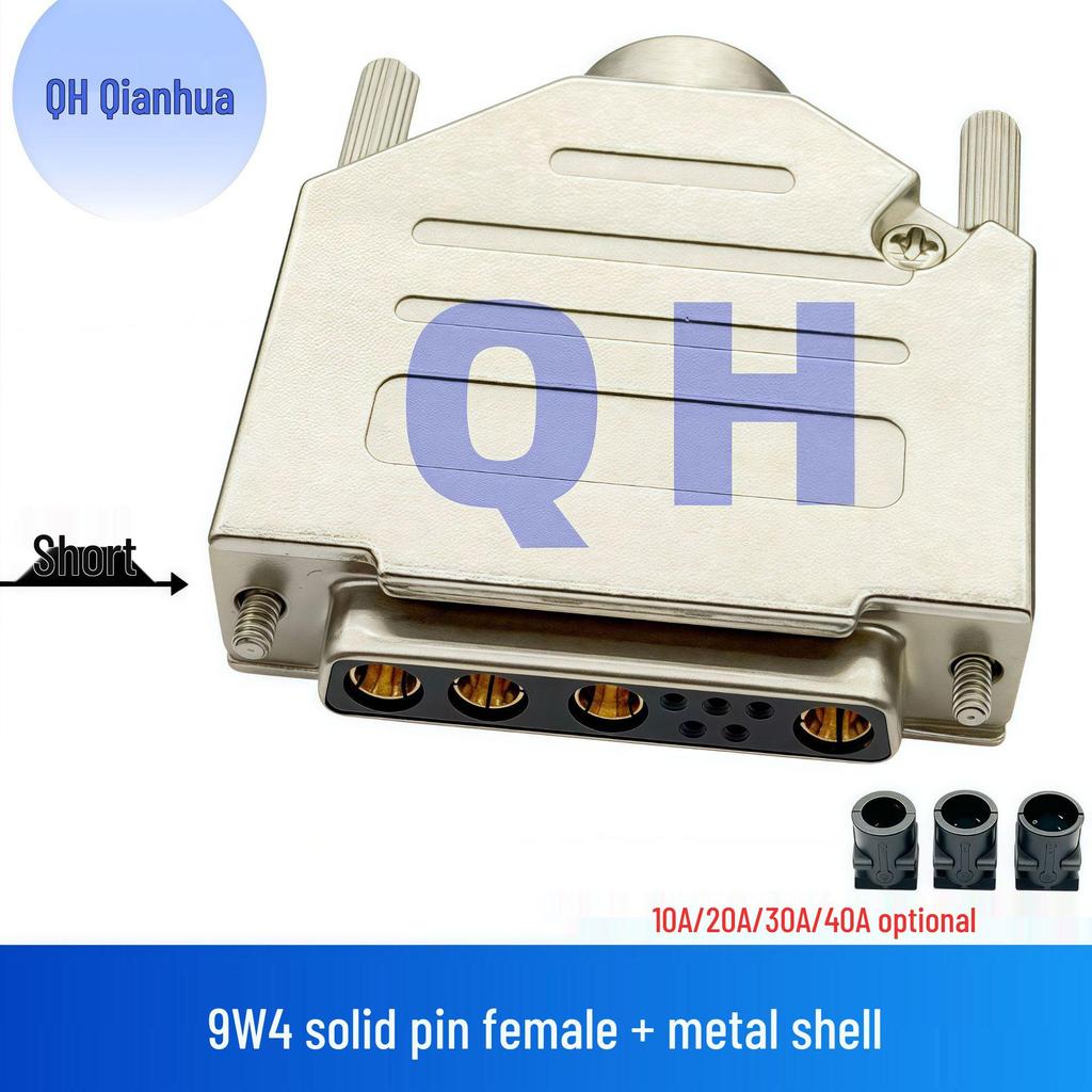 Gold-Plated 9W4 Male/Female Solid Pin High Current D-Sub Connector, Solder Type Plug