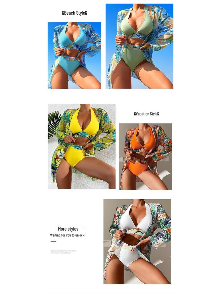 Huludao 2024 Slimming Women's European & American High-Waisted Three-Piece Swimsuit Set