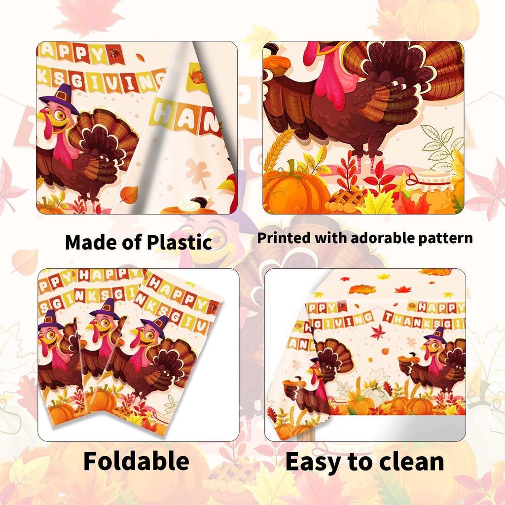 1 Pack Thanksgiving Fall Tablecloth Disposable - 108" × 54", Fall Table Cloth Autumn Harvest Turkey Pumpkin Leaves Tablecover Plastic Rectangle