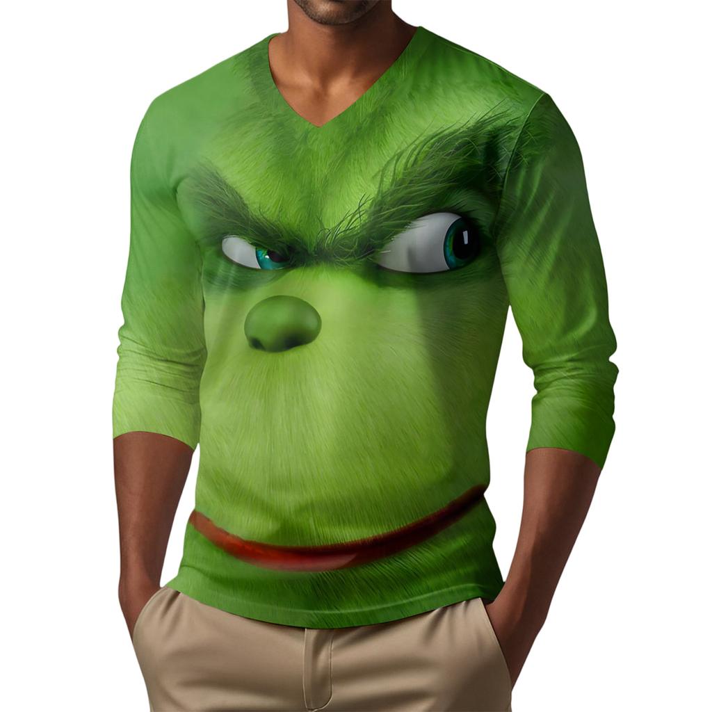Men's Fashion Printed V-Neck Casual Long-Sleeved T-Shirt Bottoming Shirt Top
