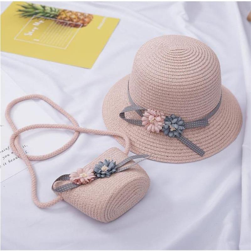 Strohhut für Kinder Sommer Mädchen Strandhut Kinder Sonnenhut Mädchen Sommer Strohhut Tasche Set Sonnenschutz Japan