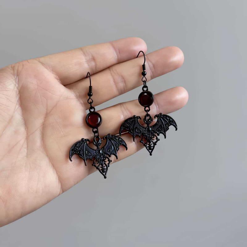 Elegant Gothic Renaissance Bat Cross Red Glass Earrings