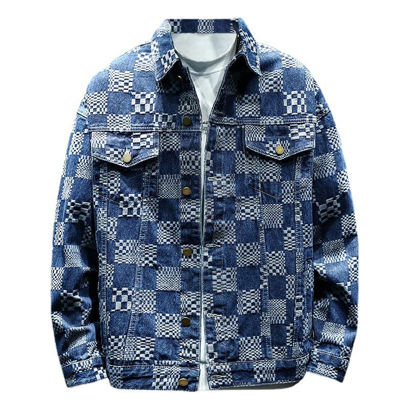 Men's Trendy Plaid Jacquard Denim Jacket - Autumn Loose-Fit, Large Size Casual Design