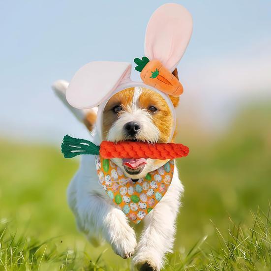 Set Costum Paște pentru Câini 4 Bucăți Bandană Drăguță cu Urechi de Iepure Jucării de Mestecat Morcov Îmbrăcăminte de Paște pentru Animale de Companie Câini Mici Medii Mari Pisici Cosplay de Sărbătoare