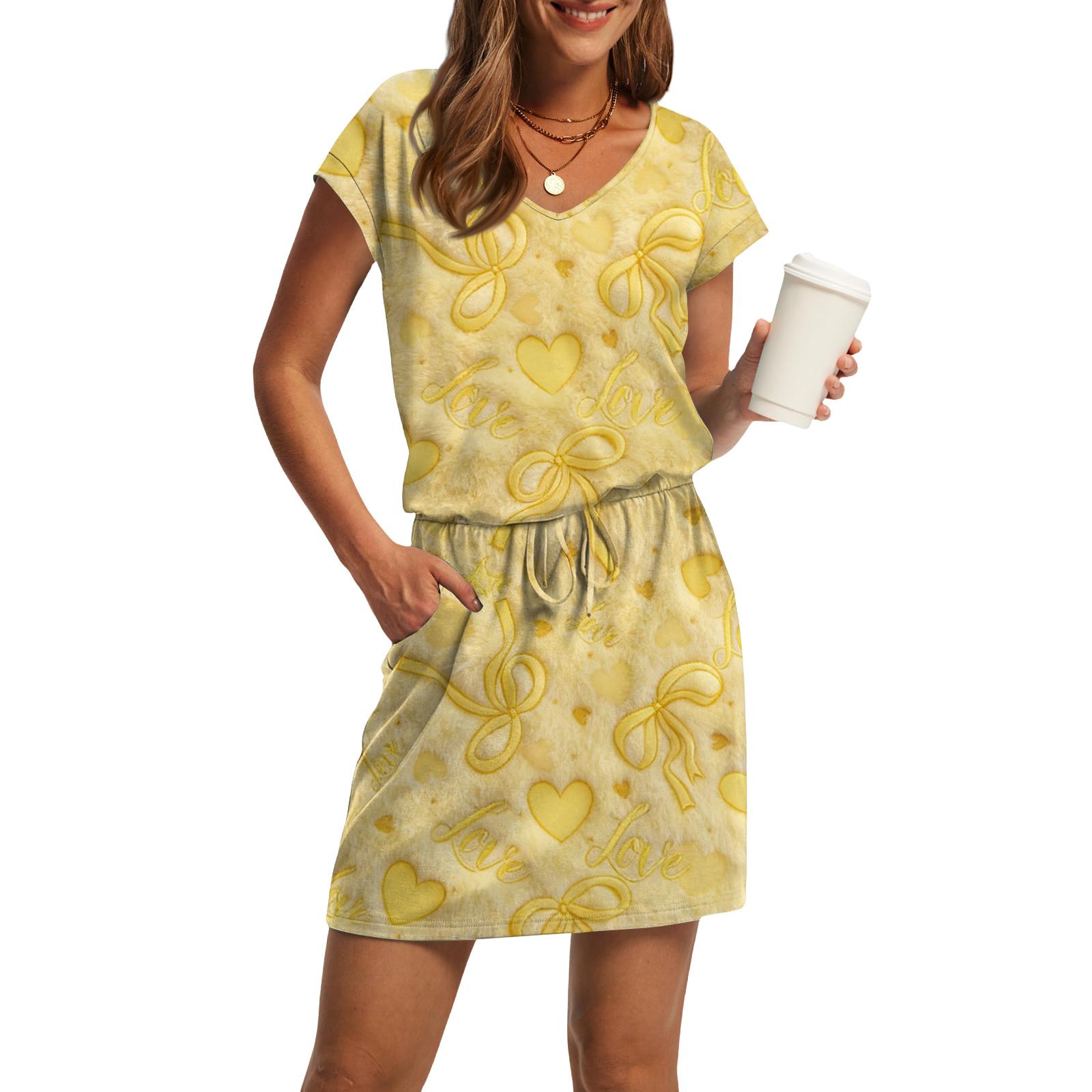 

Women s V-Neck Short-Sleeve Drawstring Pocket Valentine s Day Print Casual Dress XL жовтий