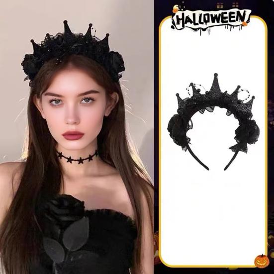 Women Headband Crown Lace Decor Hair Hoop Halloween Dark Style Elastic Headwear