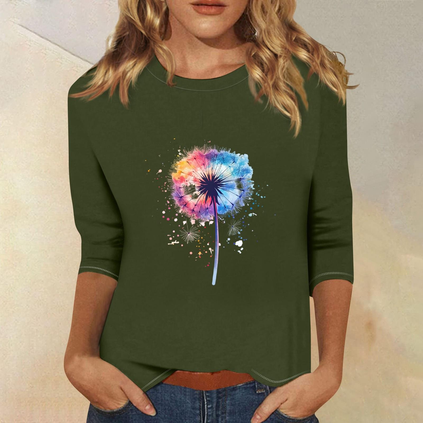 

3/4 рукава топы для женщин футболка повседневные принты топы футболка круглый вырез пуловер блузка L