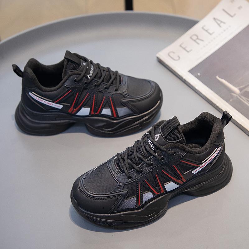 Fashion Women's Shoes Winter Velvet Warm Daily Versatile Dad Shoes Platform Comfortable Casual Spring and Autumn Leather Mesh