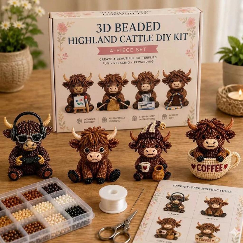 3D Beaded Highland Cattle DIY Kit 4-Piece Set Handmade Craft Kit Includes Detailed Instructions for Creating Small Decorative Figurines