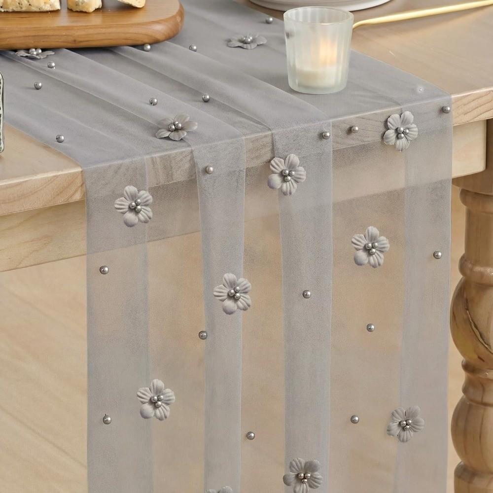 3D Flower Pearl Table Runner Romantic Multi-color Wedding Table Runner Semi-Transparent Vintage Tulle Table Runner Baby Shower