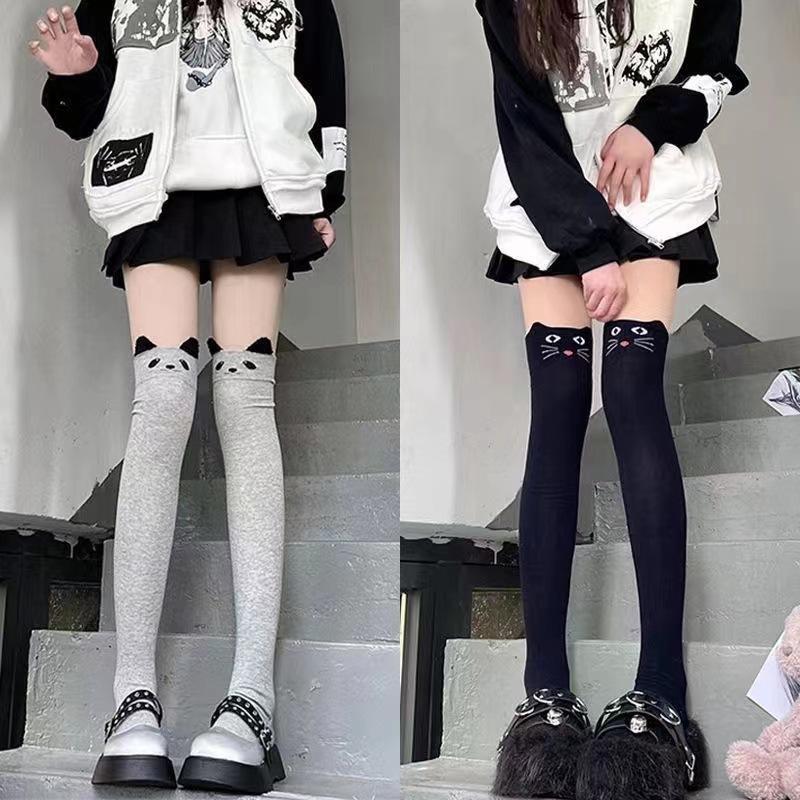 Cute Bear Stockings Female Spring Cartoon Cat Over Knee High Socks Comfortable with Solid Color Student Socks