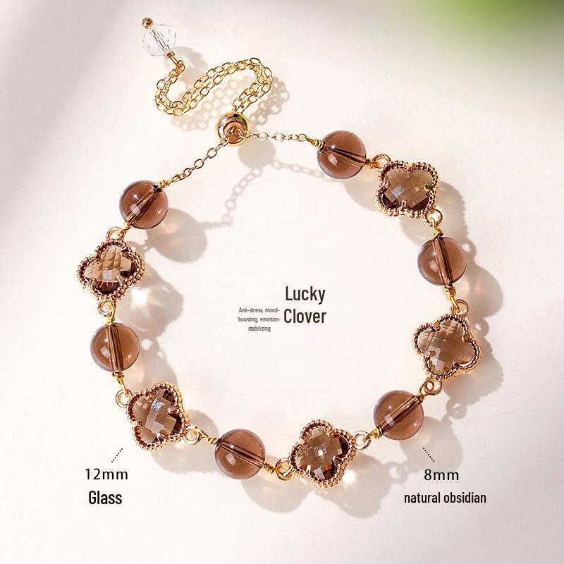 Lucky Clover Amethyst & Rose Quartz Women's Bracelet - Four-Leaf Clover Light Luxury Fashion Jewelry.
