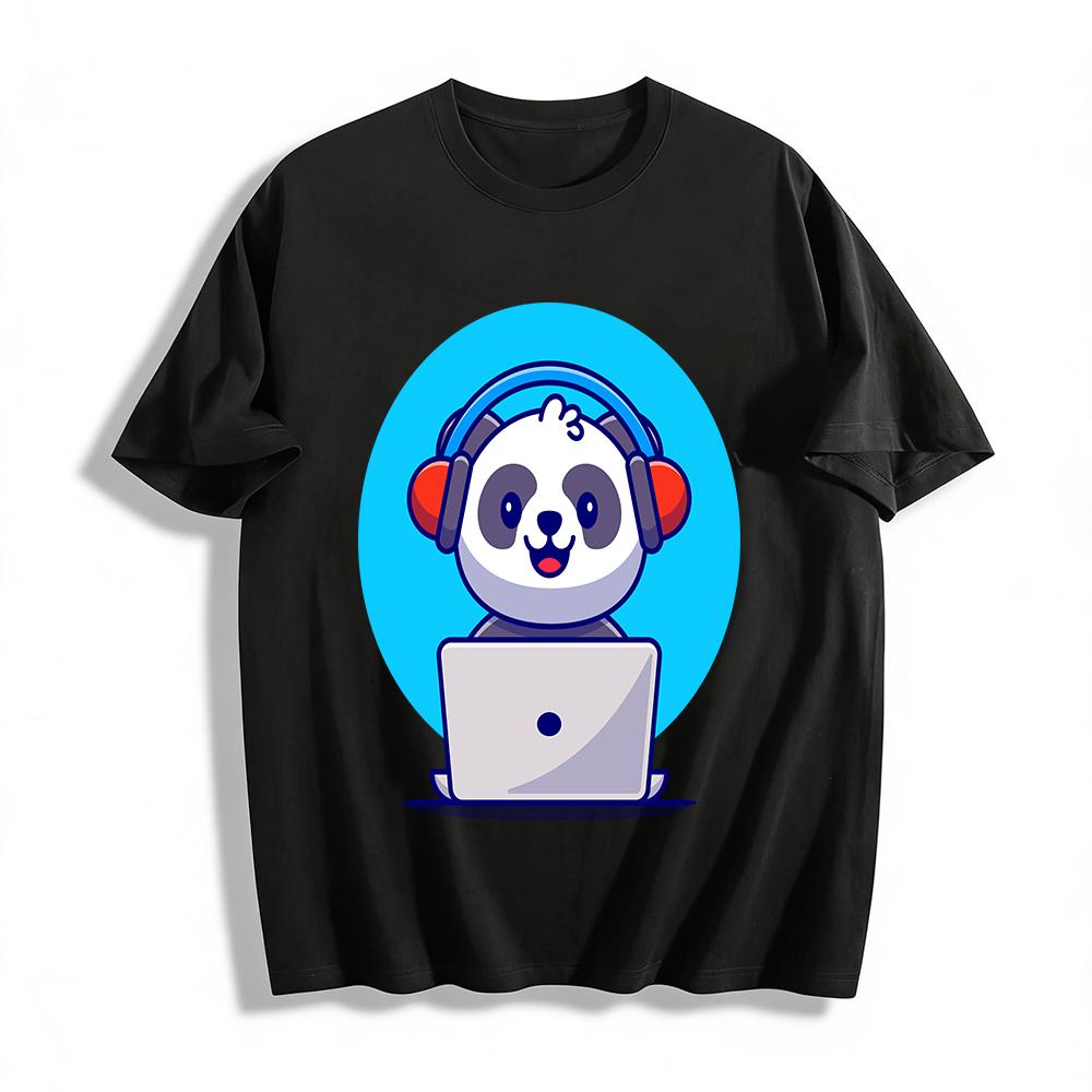 Cute Panda With Headphones Using Laptop Graphic Casual T-Shirt Pure cotton T-shirt XXS