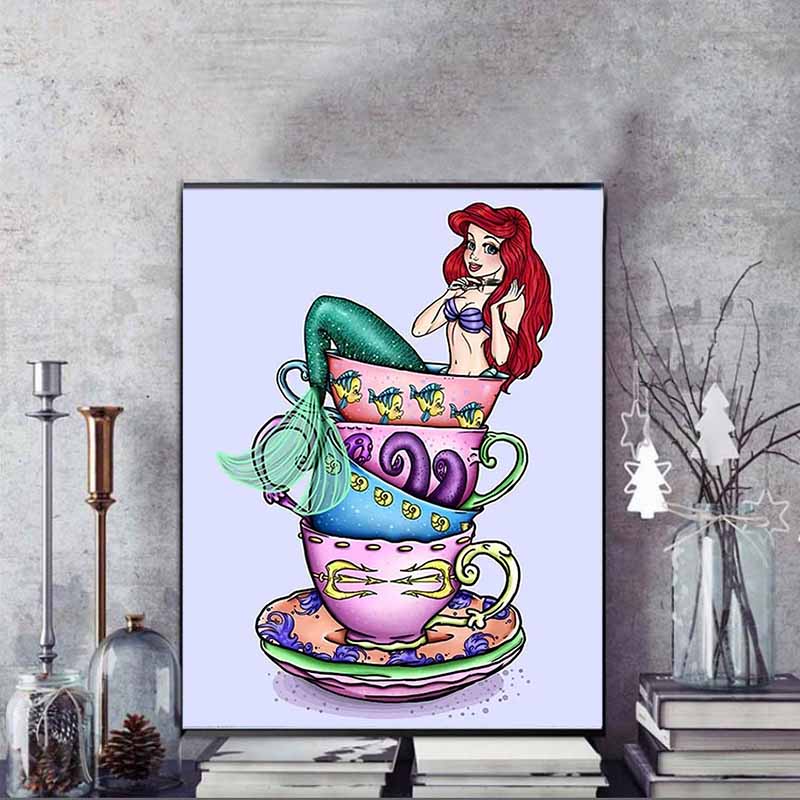 Disney Diamond Painting Ariels Afternoon Tea Fantasy Illustration Cute DIY Rhinestone Mosaic Cross Stitch Kit Embroidery Gift for Home Decor