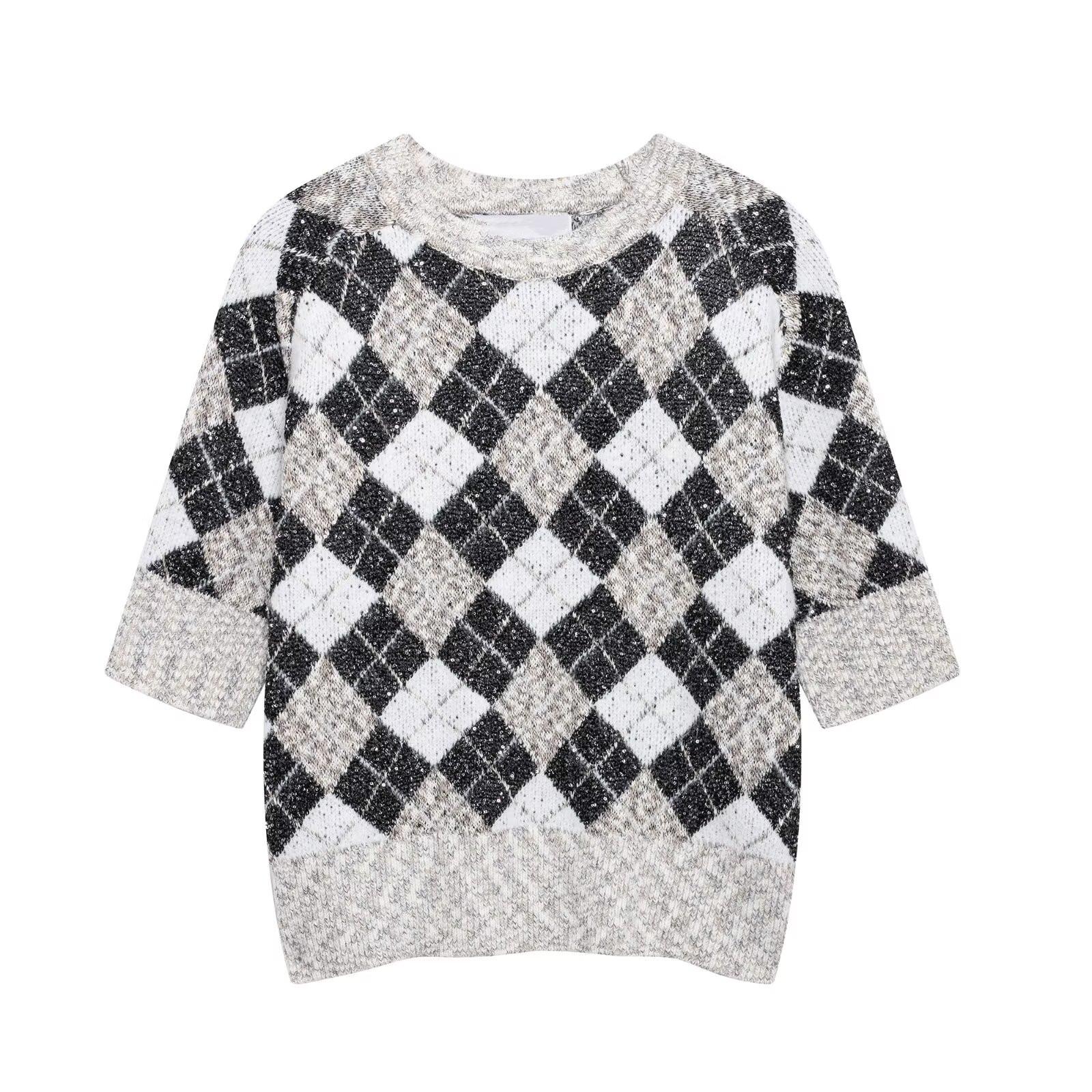 

2025 Spring Women s Sequin Embellished Argyle Pullover Sweater L темно-сірий