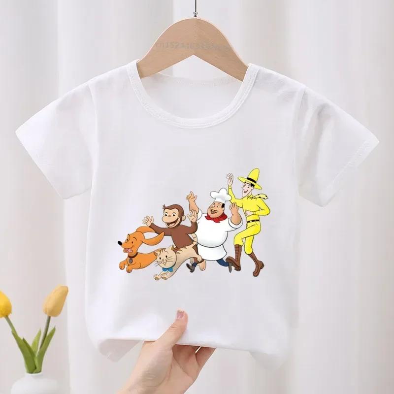 Curious George Roztomilý opičí potisk Dětské tričko Dětské oblečení Letní Oblečení pro holčičky Chlapecká trička s krátkým rukávem