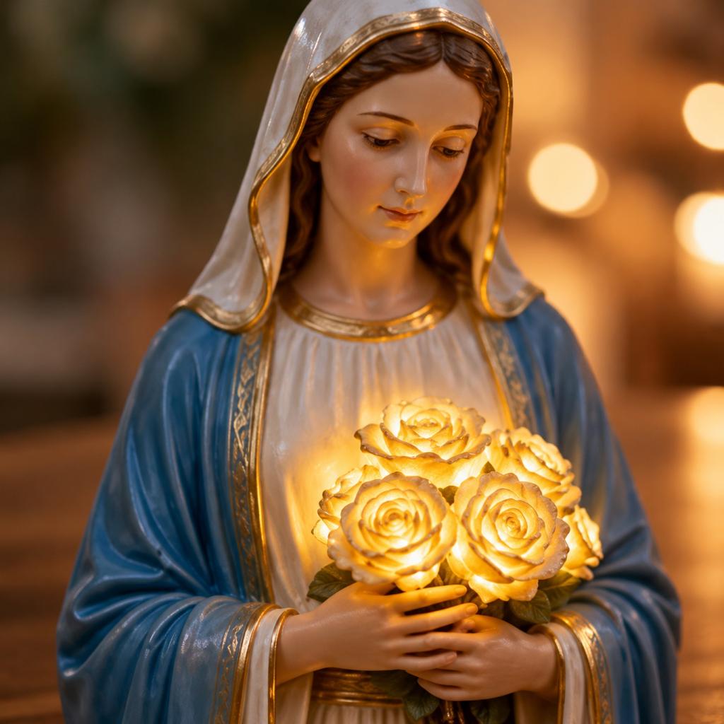 Estatua de Jardín de la Virgen María de Resina con Luz LED Integrada Rosas Decorativa Figura Religiosa para Exteriores para Exhibición en Patio Césped Terraza