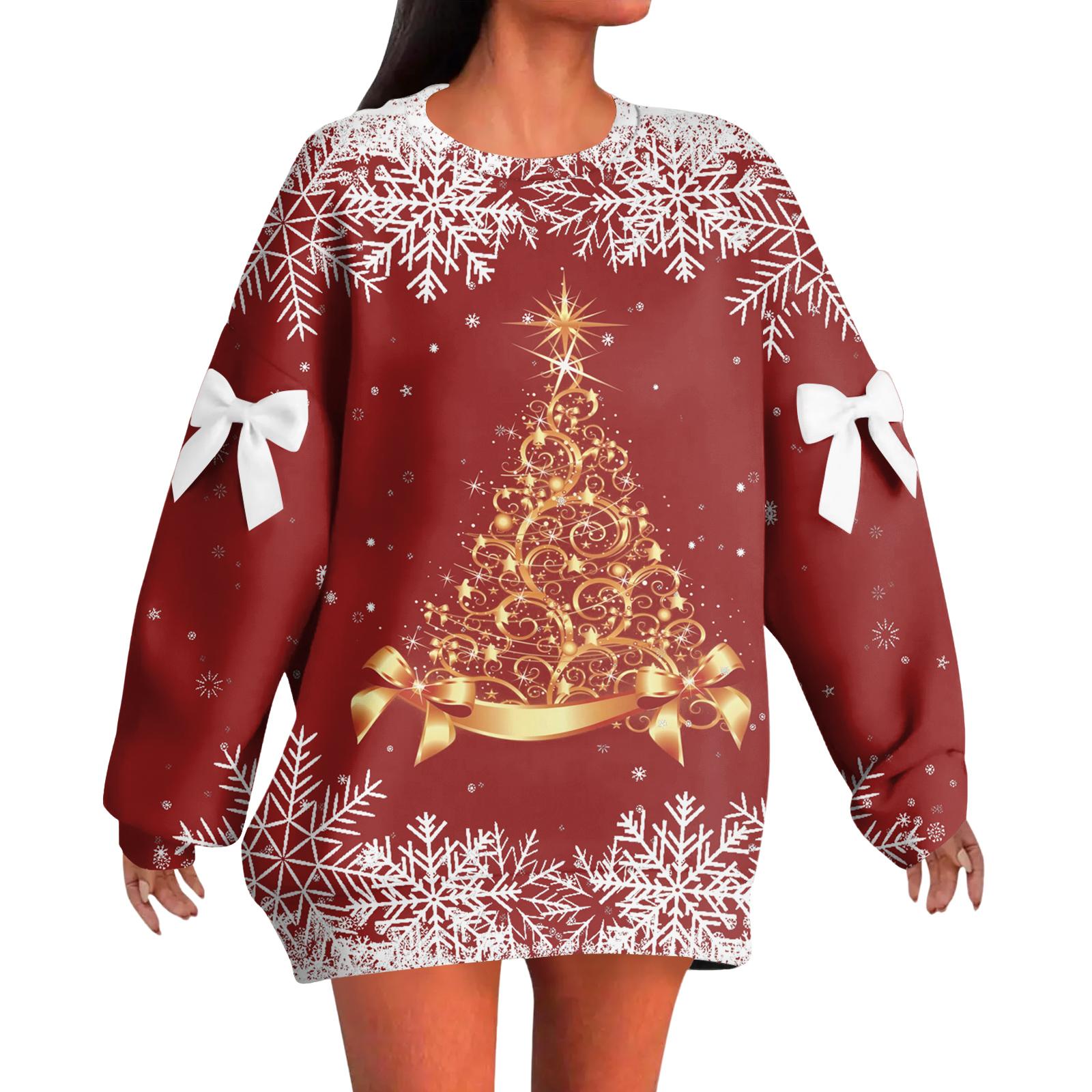 

Женский рождественский пуловер с принтом и бантом, с круглым вырезом, длинными рукавами, свободного кроя XXL красный