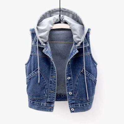 Sleeveless Jeans Jacket Women Fashion Hooded Vests Jean Short Cotton Zipper Denim Vest