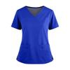 Women's Fashionable Solid Color V-neck Double Pocket Short Sleeved Shirt With Slit Hem Uniform And Worker Top