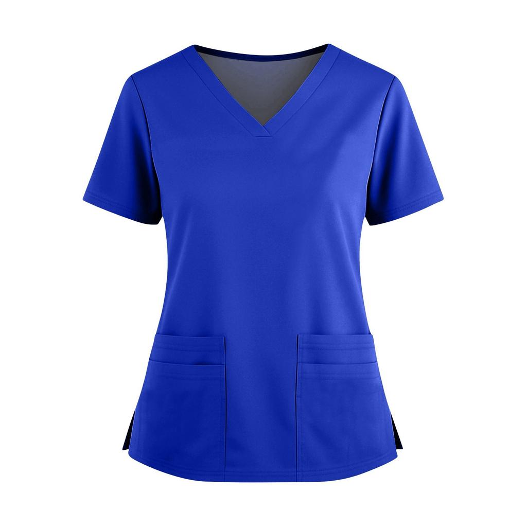 Women's Fashionable Solid Color V-neck Double Pocket Short Sleeved Shirt With Slit Hem Uniform And Worker Top