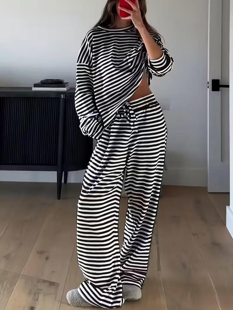 European-American Women's Striped Long Sleeve Top & High Waist Pants Set - Autumn 2025 Fashion Casual Wear.