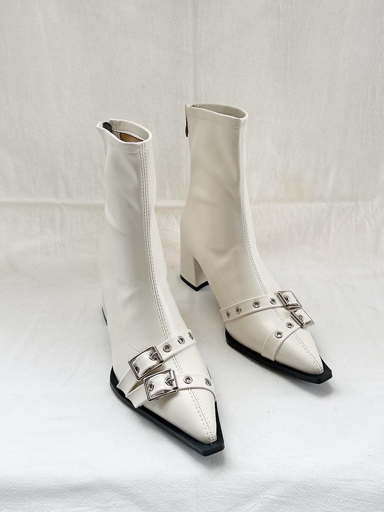 2025 Autumn and Winter Pointed Belt Buckle Thick Heel Short Boots Women's European and American Style High Heel Rear Zipper Soft Leather Thin Short B