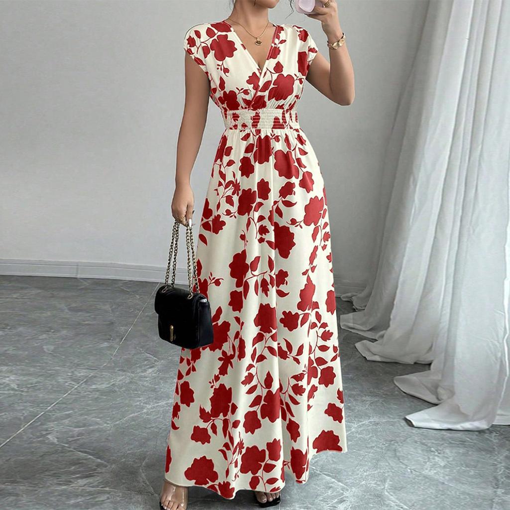 Women's Summer Fashionable Floral Print V-neck Long Dress, Summer Waist Cinching Dress