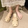 French retro woven hollow sandals women's summer outer wear bag head sandals half-mop beige flat-bottomed muller shoes slippers