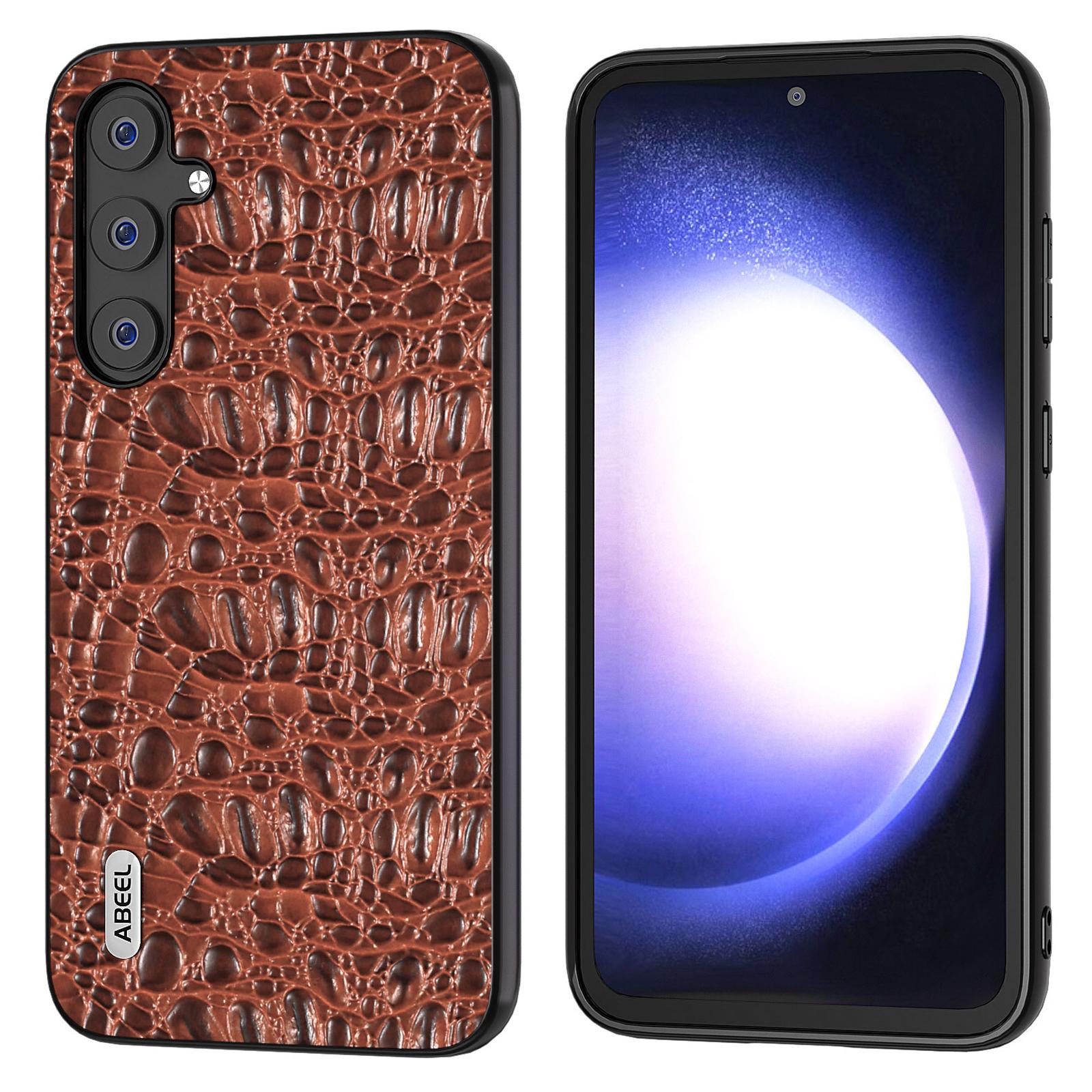 

ABEEL For Samsung Galaxy S23 FE Genuine Cow Leather Coated PC+TPU Anti-scratch Cover Canopy Texture Phone Case Brown
