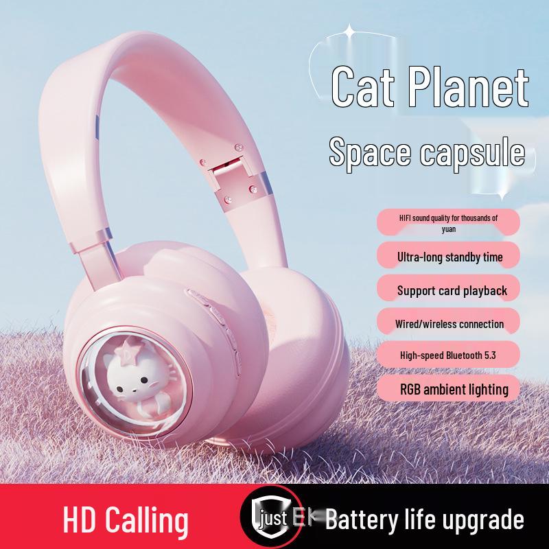 

KE-30 Wireless Bluetooth Gaming Headphones with Cute Cartoon Meow Planet Design рожевий