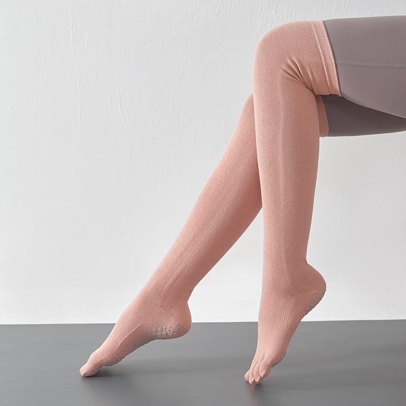 High Quality Non-Slip Knee Socks Five Fingers Anti-Skid Thigh Stockings Solid Cotton 5 Toes Grip Pilates Dance Sport Floor Sock