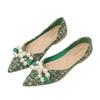 Soft-soled pointed-toed single shoes women's green flat-heeled women's shoes beaded bow shallow-mouth flat shoes women