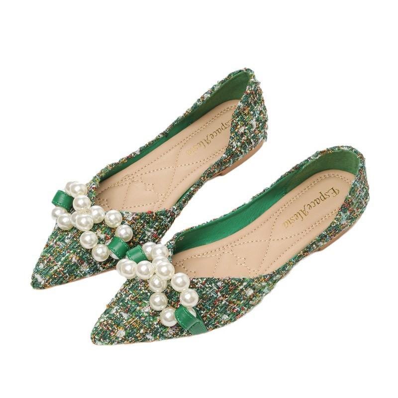 Soft-soled pointed-toed single shoes women's green flat-heeled women's shoes beaded bow shallow-mouth flat shoes women