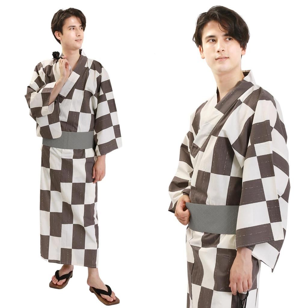 and Waist Cord Size Checkered Natural White Z35D2 [Fuuka] Yukata, One-Touch Obi, 3-Piece Set, Cotton, Men's, L, Pattern, (Waist Cord/One-Touch