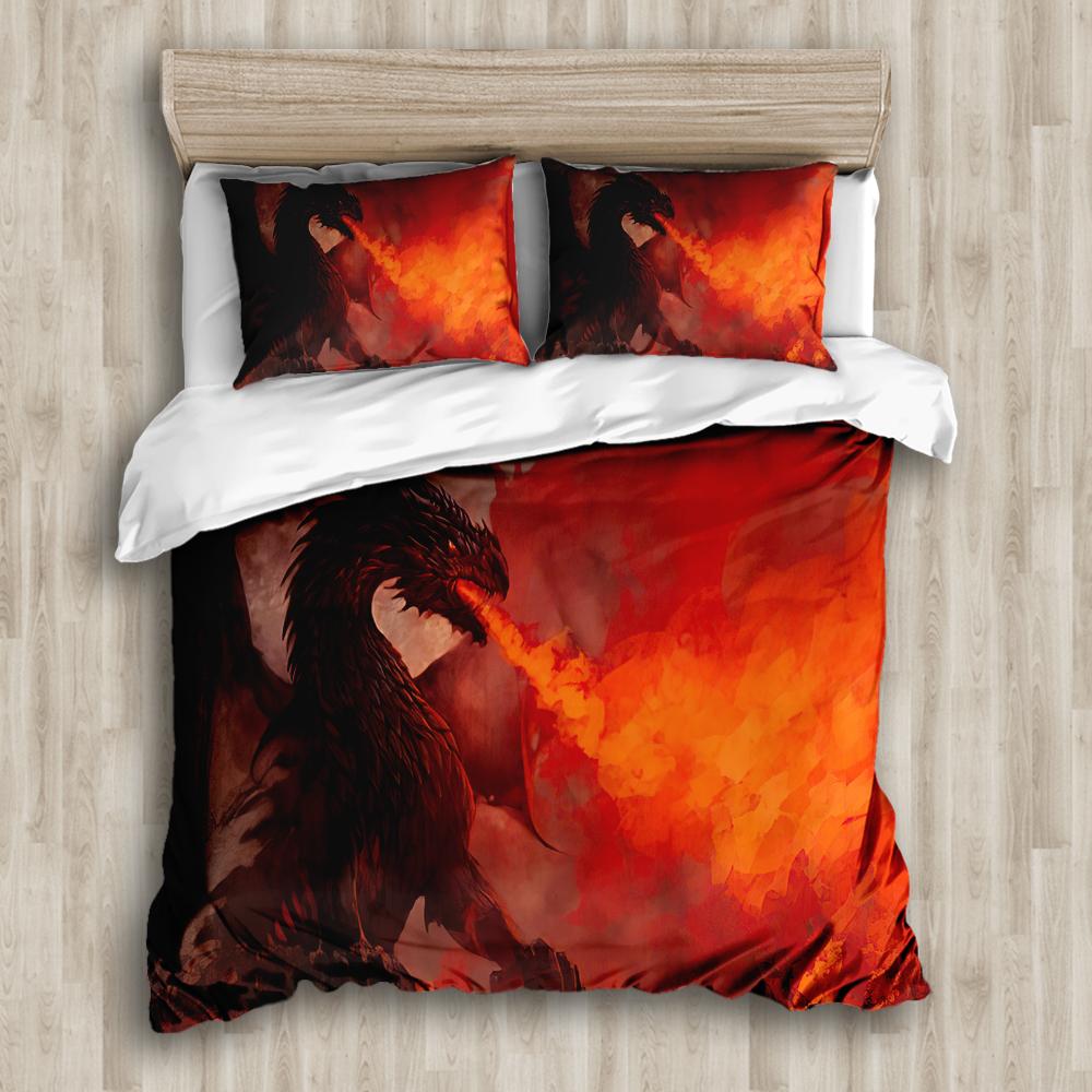 Sada povlečení s drakem King Queen Twin Full Size 3D potisk Obrovský létající drak Šedá Červená barva pro chlapce dívky Polyesterová sada povlečení