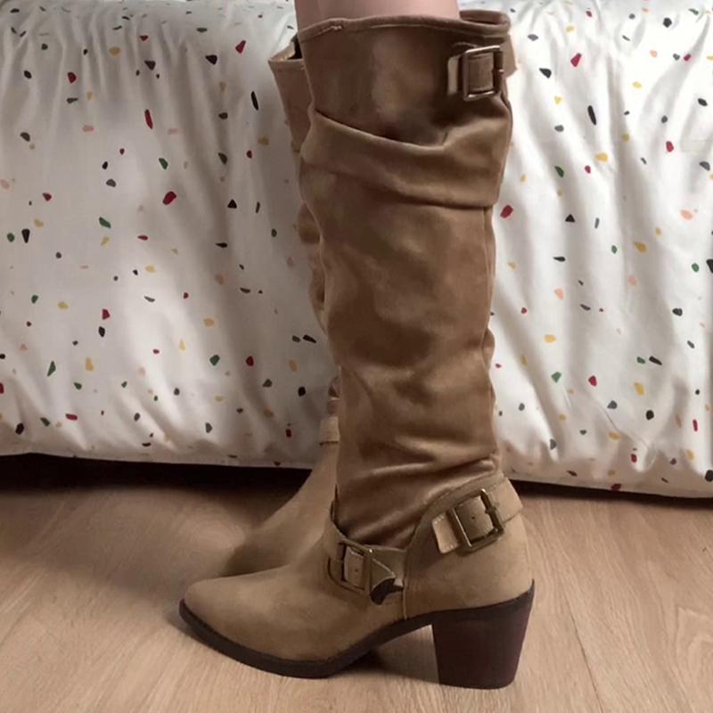 

Модные женские высокие сапоги с острым носком, замшевые дизайнерские туфли, модные платья, массивные сапоги, новый тренд 2025, зимние сапоги до колена челси для женщин 40