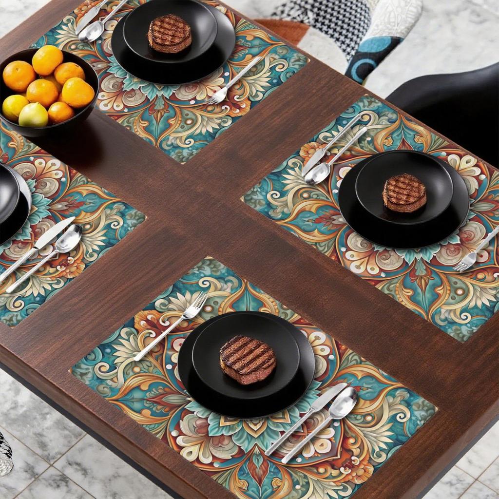 4pcs Polyester Mandala Style Floral Placemats Heat-Resistant Washable Non-Slip Table Mats for Kitchen Dining Table Home Decor