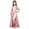 Kids Girls Puff Sleeve Square Neck Satin Party Gown Pleated Bodice Split Hem Back Invisible Zipper for Wedding Performance Banquet