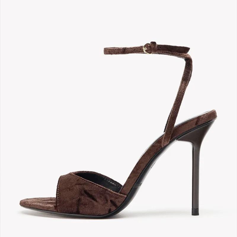 Retro Brown Velvet High-heeled Sandals for Women Sexy Open-toe Ankle Strap Buckle Heels Elegant Banquet Slingback Dress Shoes