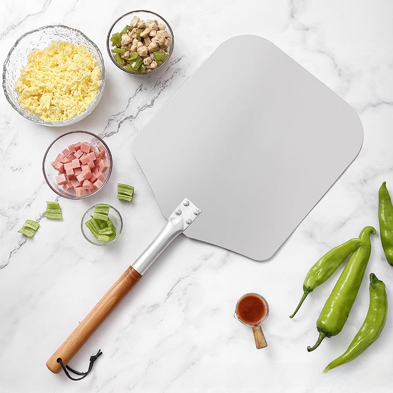 European & American 12"-14" Square Oak-Handled Aluminum Pizza Peel - Long Handle & Detachable Shovel for Oven Transfer.